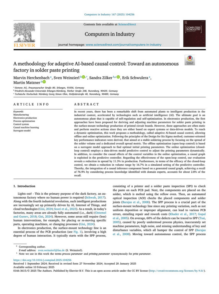 New publication on AI-based solder paste printing in electronics production in Computer in Industry